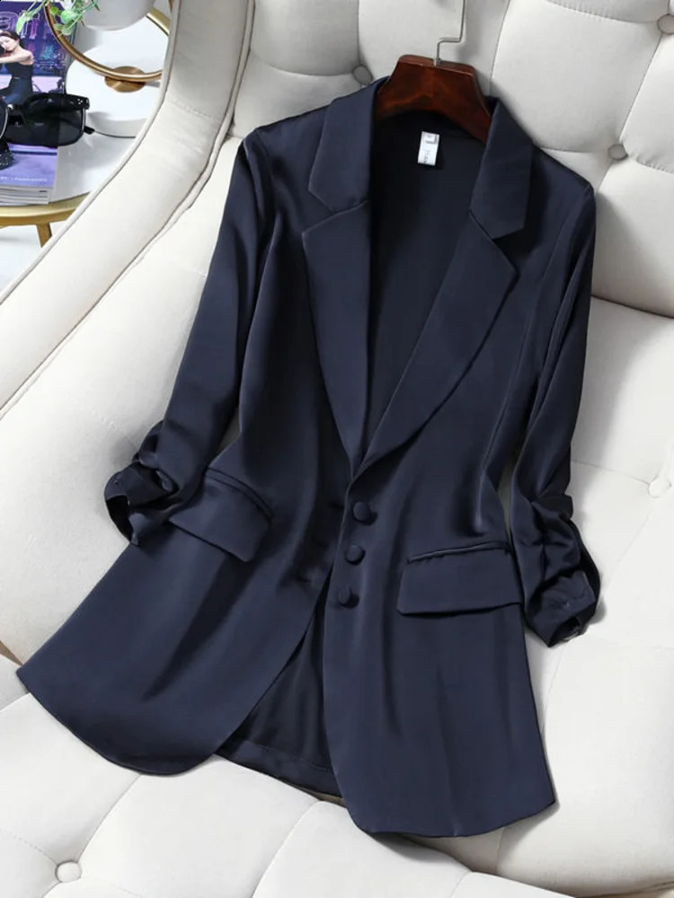 Fashionable womens casual clothing long sleeved lapel solid color single chest office temperature fashionable jacket top 240819