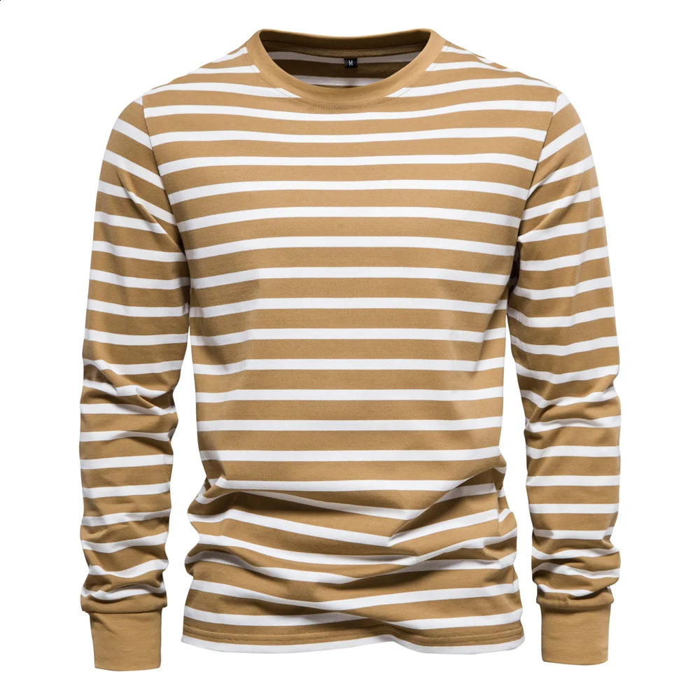Simplicity Stripe Print T Shirt For Men Fashion Comfortable Cotton Long Sleeve T-shirt Leisure O-neck Pullover Autumn Loose Tops 240820