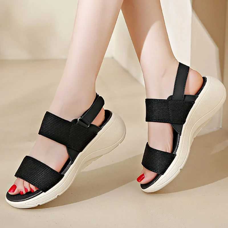 Sport Sandals Female Elastic Band Summer New Women Flat Bottom Outside Wear Casual Beach Shoes Wedges Platform Sandalias Mujer CL240806