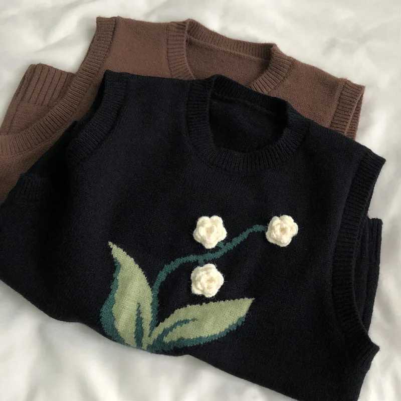 Girls Knitted Vest Spring and Autumn New Korean Version Sweet Flower Versatile Round Neck Kids Sleeveless Sweater CamisoleXJ240819