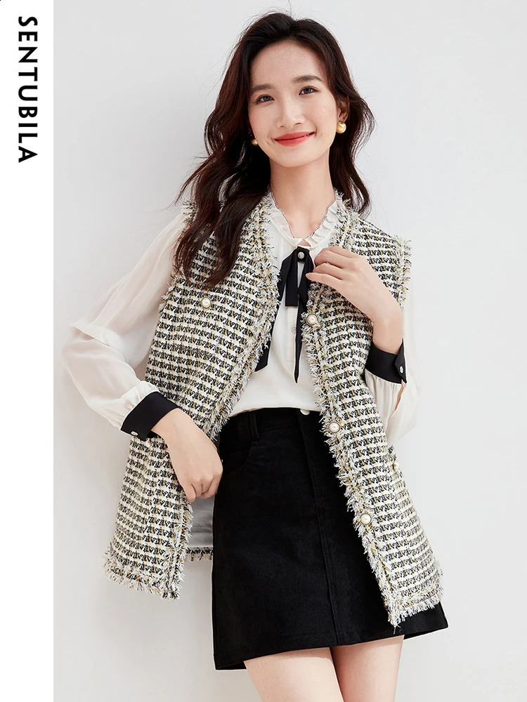 SENTUBILA Tweed Sleeveless Jacket Womens Loose Hound Tank Top Spring and Autumn Vneck Fashion 133J50661 240819