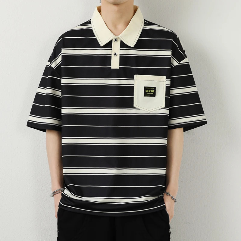 Young Style Loose Striped Polo Shirts Summer Casual Half Sleeve Mens Clothing Fashion Turn-down Collar Korean Pockets T-shirts 240820