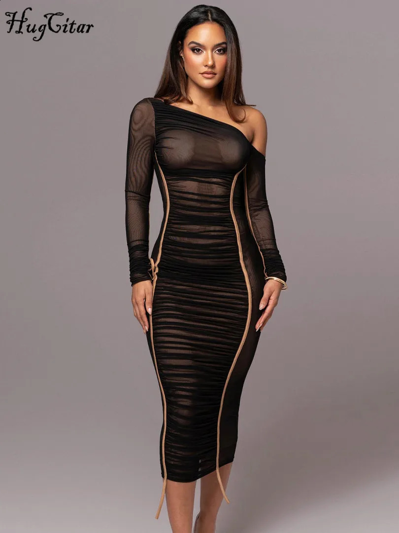 Hugcitar Mesh Solid Diagonal Collar Long Sleeve Draped Sexy See Through Bodycon Maxi Dress Summer Fashion Clothes Festival Club 240819