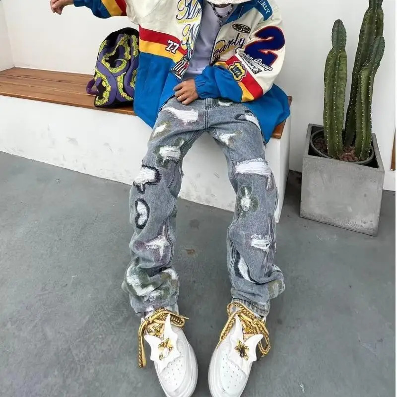 American Heavy Splicing Knife Cut Hole Erosive Patch Jeans Y2k Harajuku High Street Hip Hop Loose Straight Tube Micro-Horn Pants 240819