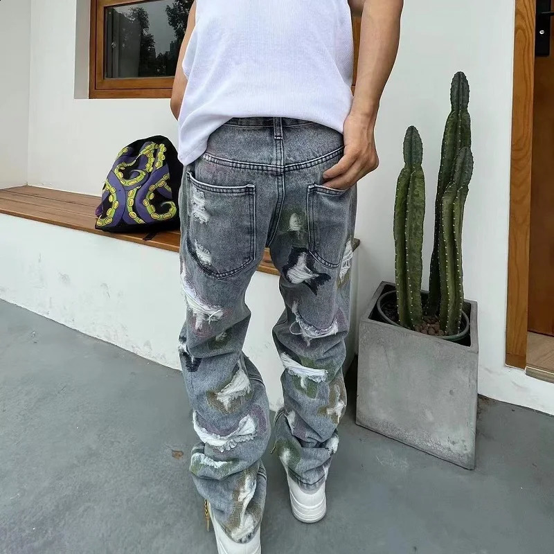 American Heavy Splicing Knife Cut Hole Erosive Patch Jeans Y2k Harajuku High Street Hip Hop Loose Straight Tube Micro-Horn Pants 240819