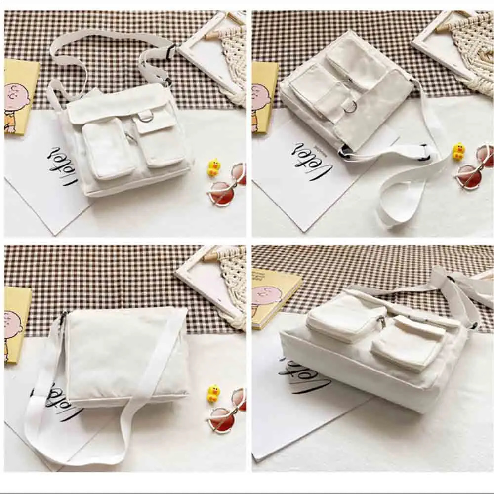 Canvas Diagonal Cross Bag Youth Casual Shoulder Bag Large Capacity Messenger Bags Solid Color Womens Handbag with Pendant 240819