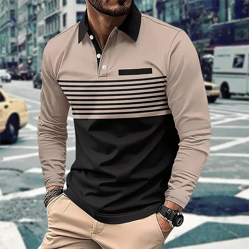 Mens Business Casual Polo Long Sleeve T-shirt spring and autumn 3D stripe printing Comfortable and Breathable Top 240820