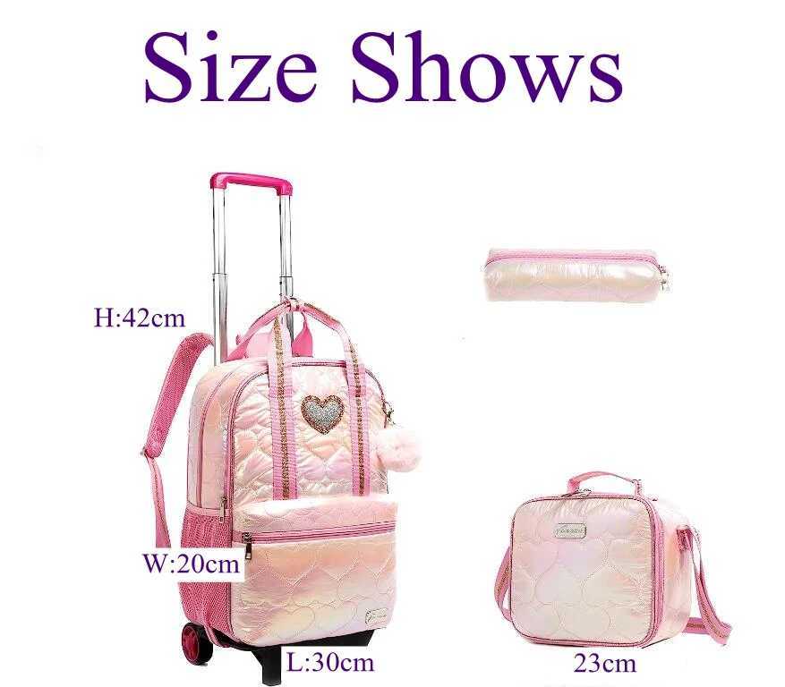 Primary School Trolley Bag Set Lunch Bag Girls Rolling Backpack for Girls School Bookbags Kids Carry-On Luggage Wheeled Backpack Y240820