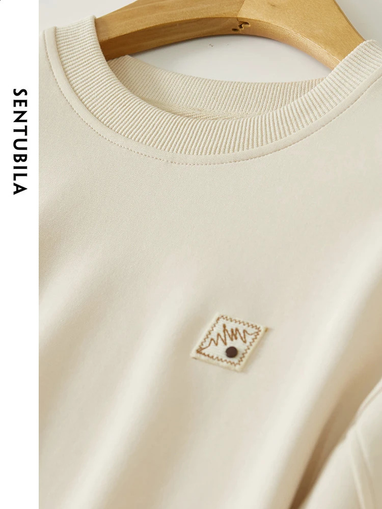 SENTUBILA Almond Simple Round Neck Sweatshirt for Women Spring Straight Casual Zipper Womens Long Sleeve Top 141A52744 240814