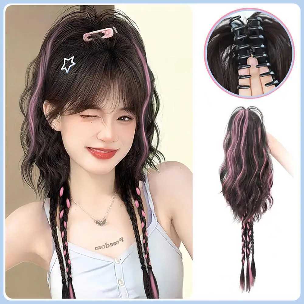 45CM Y2K Womens Ponytail Synthetic Wig Pink Blue High Brightness Ponytail Simulation Hair Half Series Curly Hair Trend Hot Girl W240817