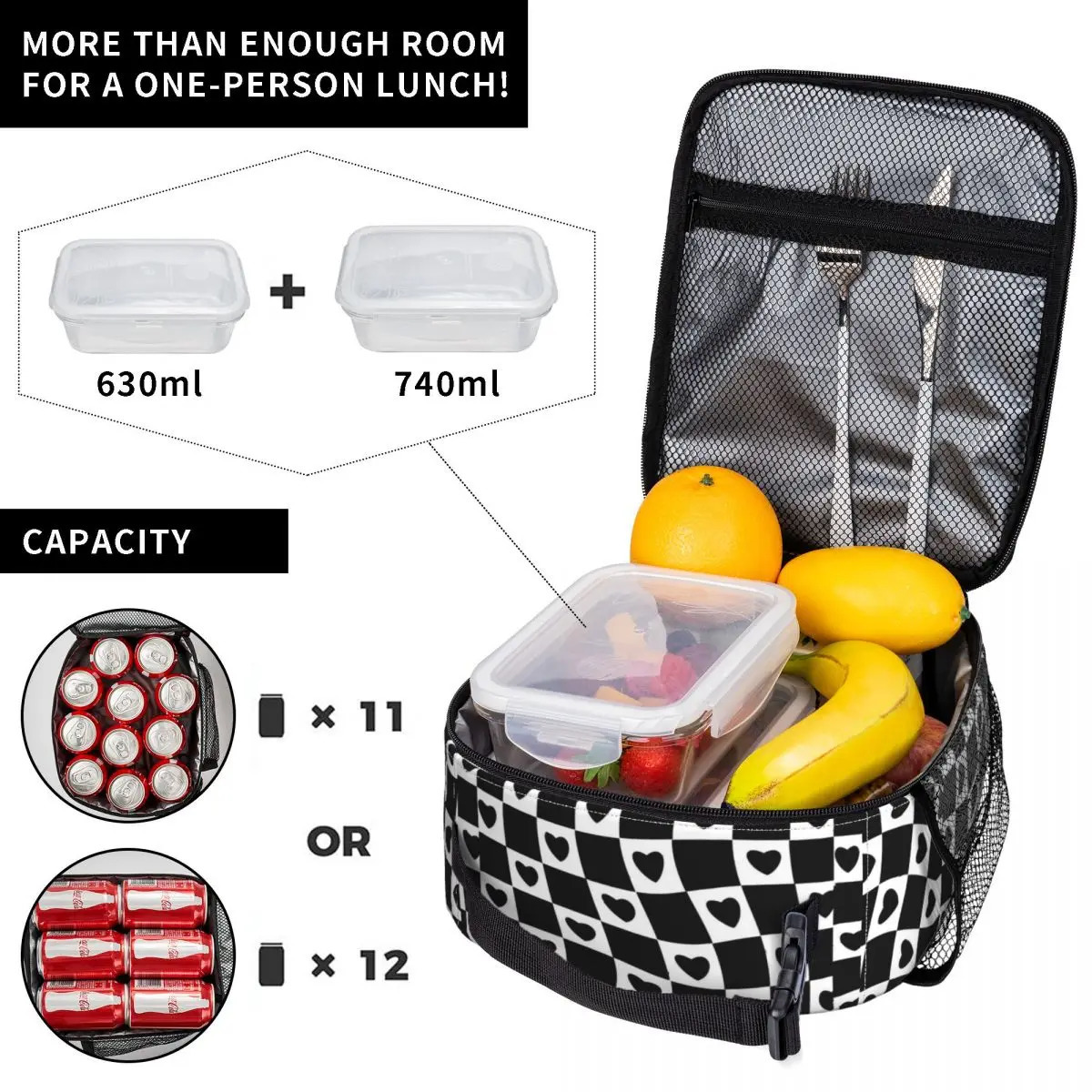 Lunch Bag Hearts Check Print Portable Lunch Box Black And White School Cooler Bag Retro Oxford Thermal Lunch Bags 240819