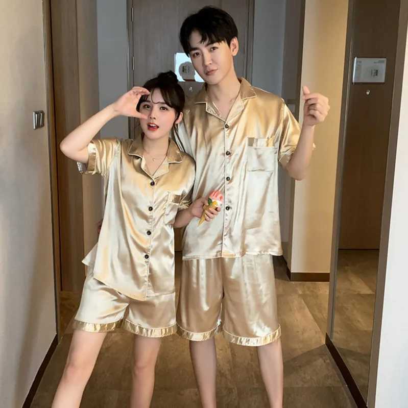 New couple sleepwear silk satin solid color sleepwear set short sleeved family clothing sleepwear womens sleepwearW240719