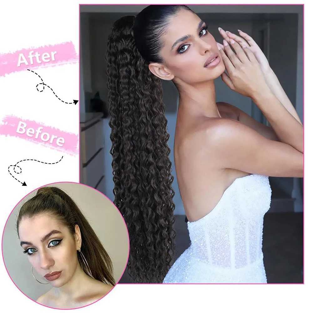 Synthetic 22 inch long wavy curly ponytail extension clip in tugged ponytail wig African ponytail female hair fake W240817