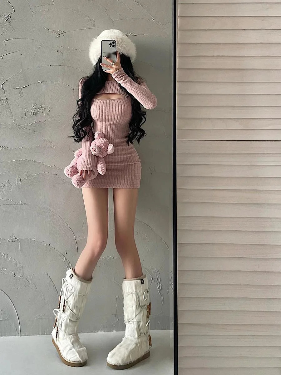 WOMENGAGA Sexy Hollow Zipper Tight Long Sleeved Sweater Knitted Dress Elegant Short Dress Fashion Sweet Kroean Women Top 1S4E 240819