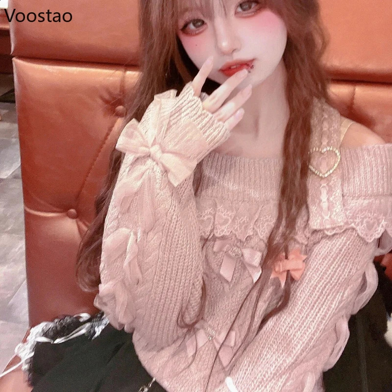 Japanese Cute Lolita Style Knitted Pullover Autumn Women Sweet Hearts Buckle Off Shoulder Lace Bow Sweater Girls Vintage Tops 240819