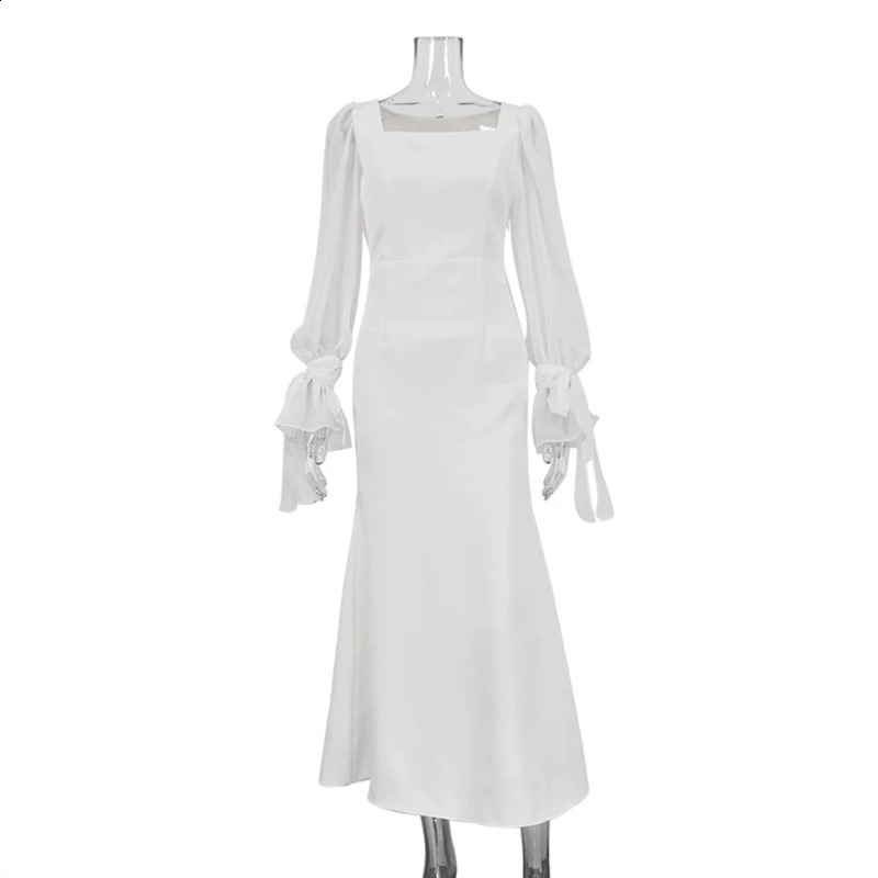 White Office Women Dress Fashion Slim Square Collar Long Sleeve Ankle Length Dresses Spring Female Clothing Dress 240819