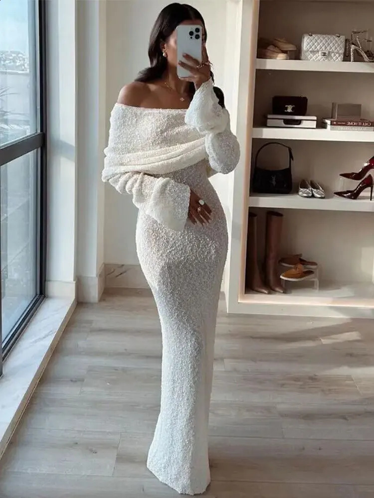 GACVGA Summer Knit Hollow Out Off-Shoulder Maxi Dress Women Cover Up Knitwear Long Sleeve Holiday Sexy Beach Party Dress 240819