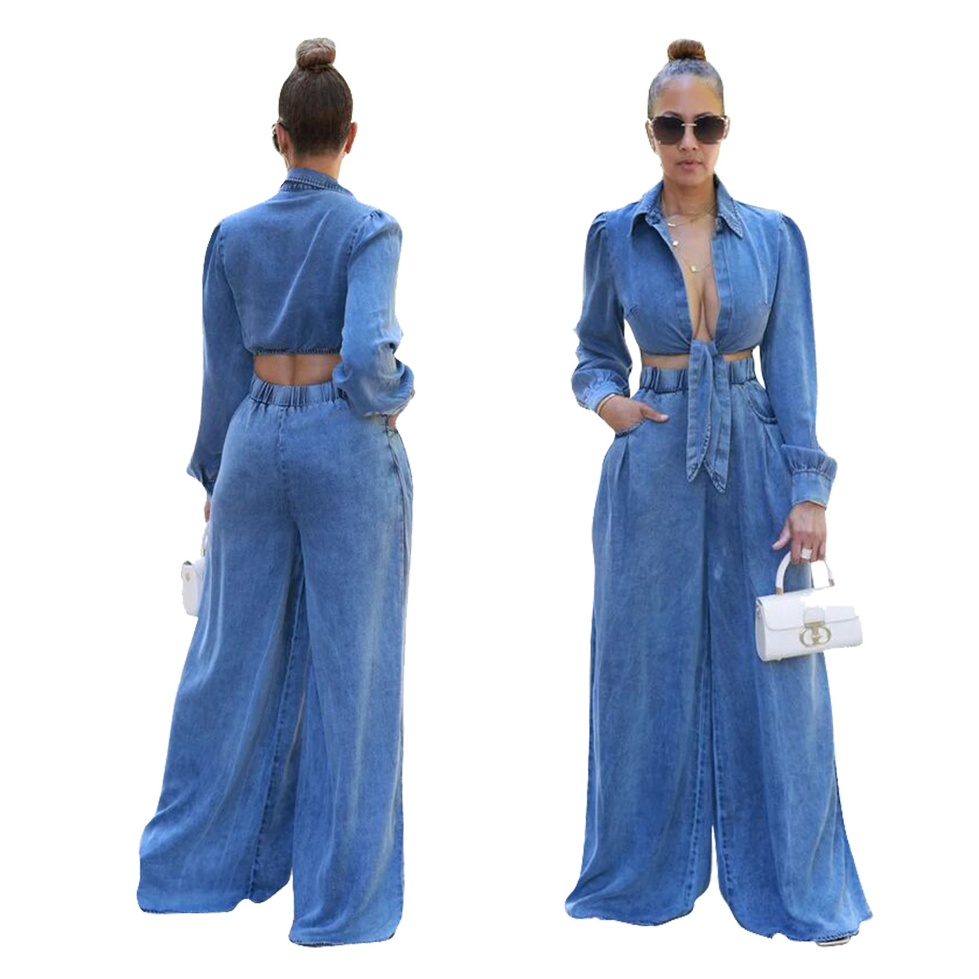 NEW Designer Fall Winter Denim Tracksuits Women Two Piece Sets Long Sleeve Bandage shirt and Wide Leg Pants Casual Outfits Solid Sweatsuits Wholesale 