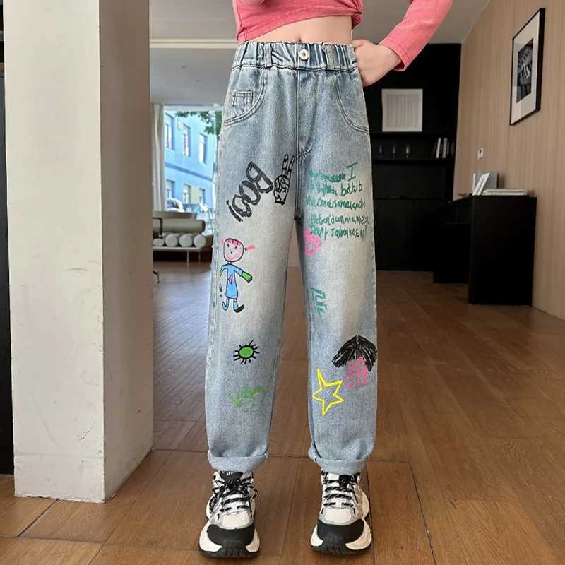 Girls pants printed denim wide leg pants suitable for middle-aged and elderly girls fashionable straight leg pants for 5-14 years oldW240819