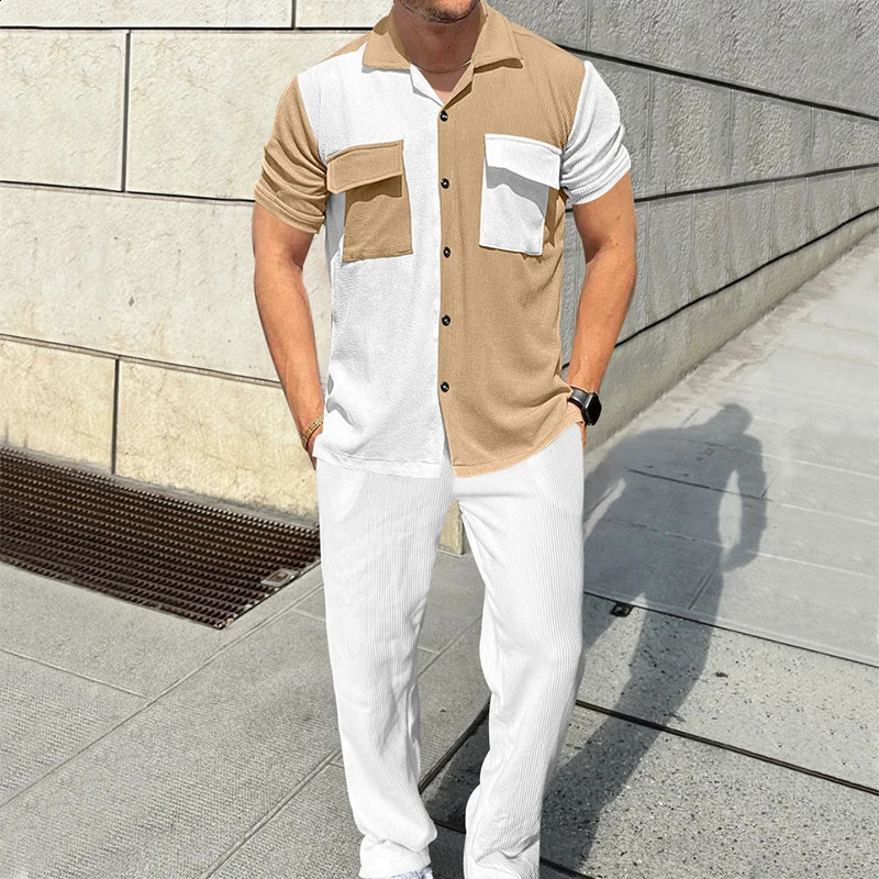 Autumn Men Cardigan Shirt and Trousers 2 Pieces Set Casual Party Lapel Button Short Sleeve Suit Solid Color Fall Streetwear i240819