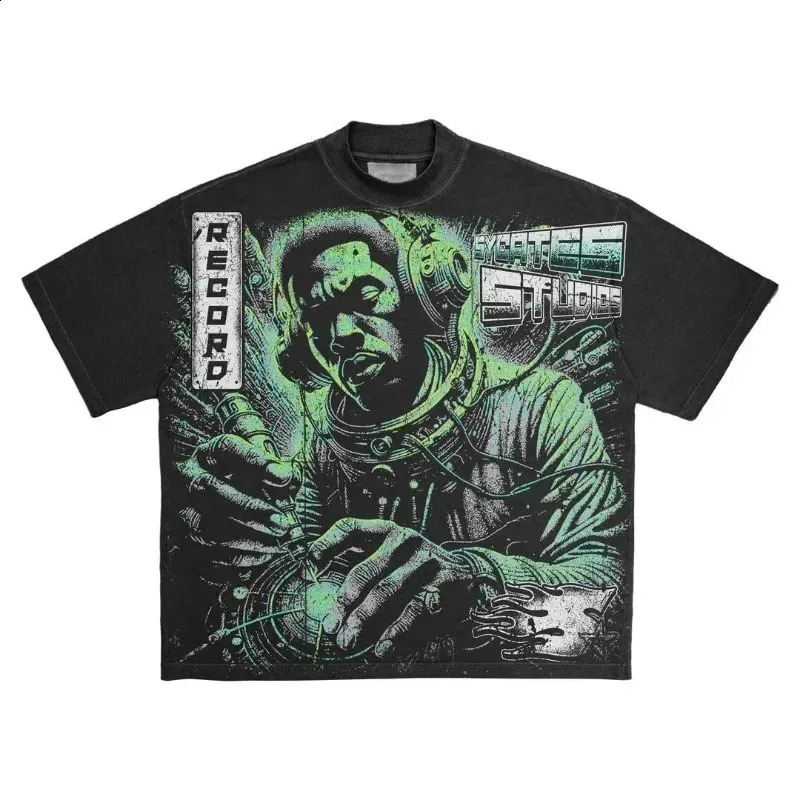2024 American summer style shortsleeved personalized printed skull round neck Tshirt oversized street wear retro loose top 240819