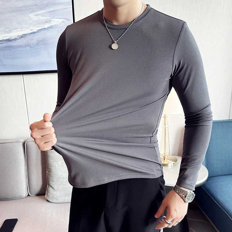 High Elastic T-shirt Men 2023 Autumn New Long Sleeve Round Neck T-shirt Solid Casual Slim Fit White Black T-shirt Men ClothingXJ240819