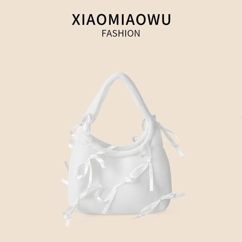 Ins fashion diamond grid bow niche design 2024 summer breathable mesh high-end hand-held women's bag