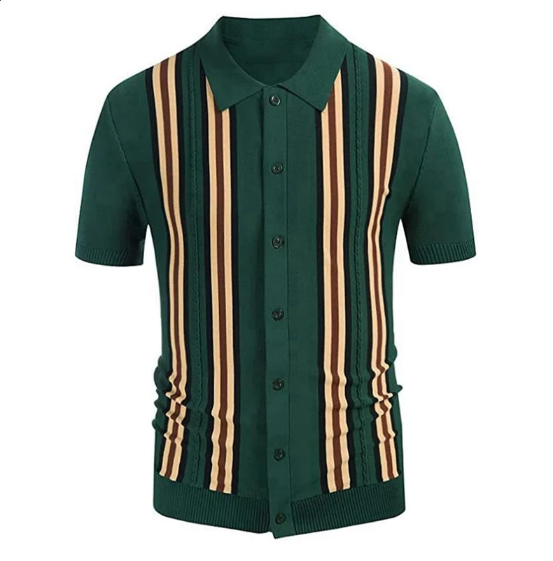 Summer green striped short sleeved slim fit business polo knitting trend 240820