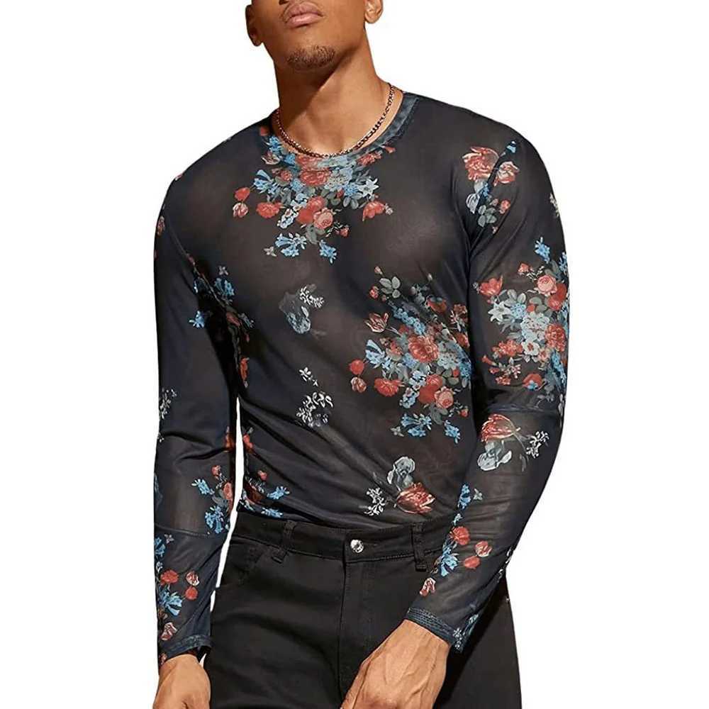 2024 Men T Shirt Printing O-neck Long Sleeve Tops Summer Sexy Mesh Streetwear See Through Fashion Man Clothing Party CamisetasXJ240819