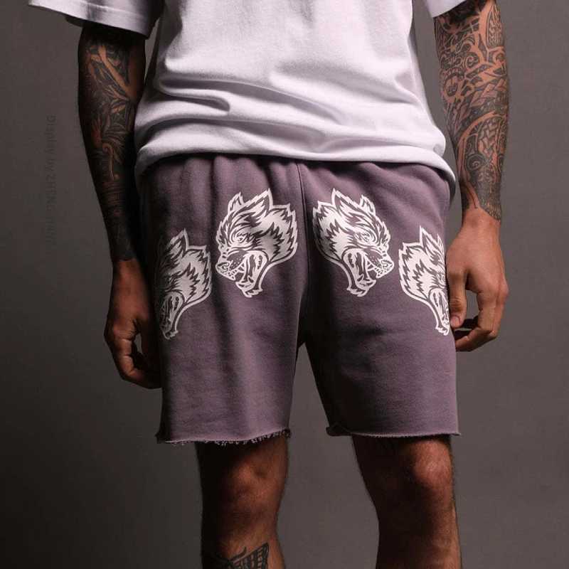 Summer new cotton casual mens five quarter pants printed Wolf head mens shorts outdoor fitness exercise pantsXJ240817