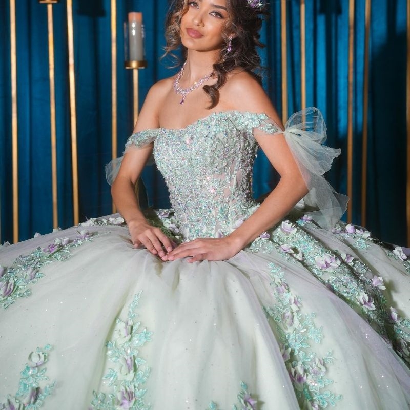 Mint Green Shiny Princess Quinceanera Dresses Off Shoulder Handmade wer Applique Beaded Tull Corset Sweet 16 vestido de 15 anos