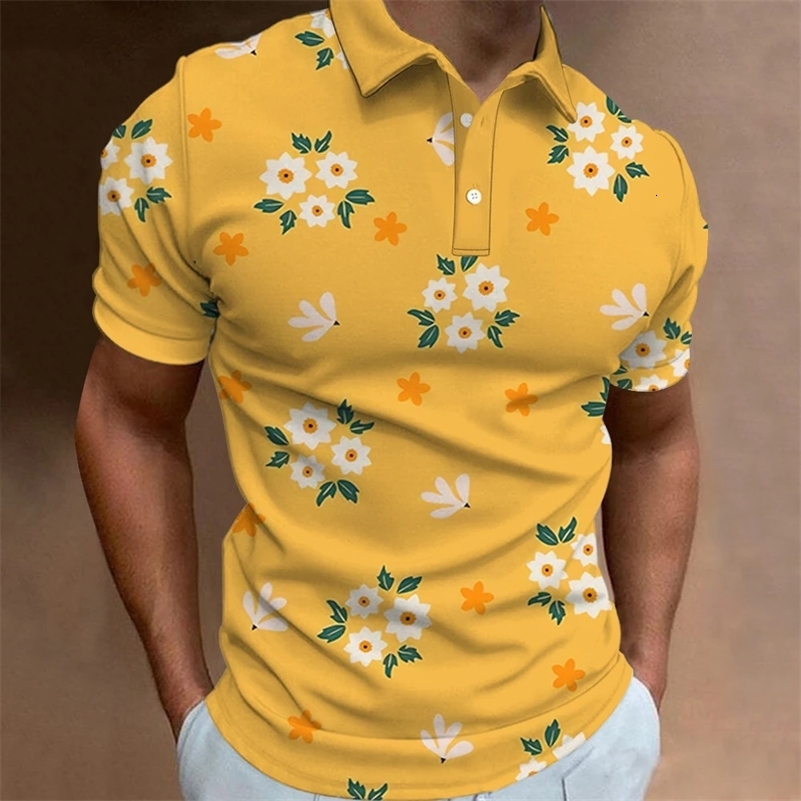 Mens Polo Shirt Street Casual Short Sleeve Flower Print Buttons Tops Fashion Pullover Oversized Clothing Male Golf Wear 240819