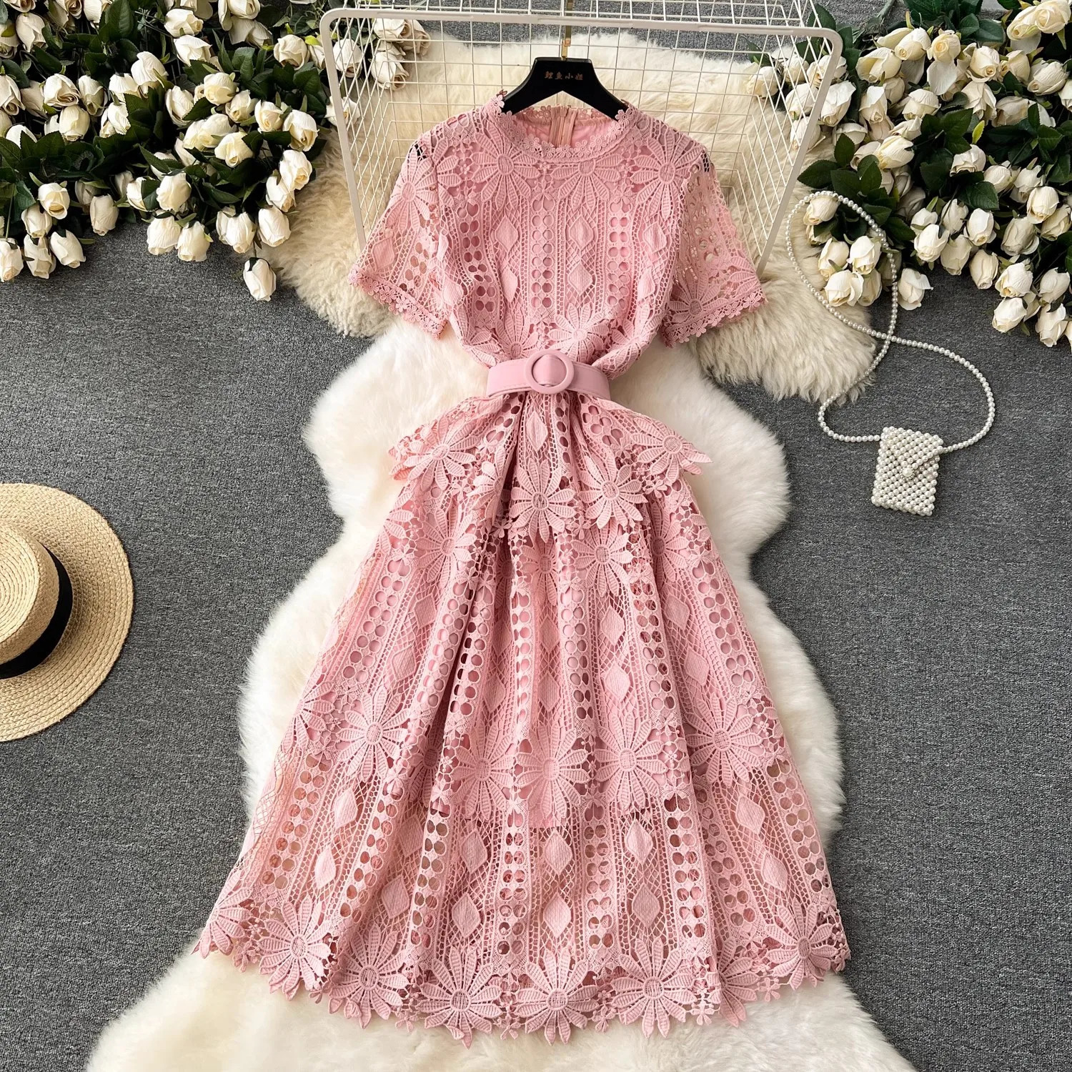 Runway Crochet Hollow Out Pink Midi Lace Dress for Women Summer Short Sleeve Embroidery Party Dress Elegant Holiday Robe 240819