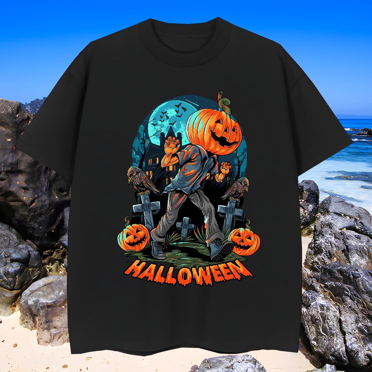 Loose Fit T-Shirts pumpkin Short Sleeve O-Neck Anime Printing Street Custom Printed 100% Cotton 230g Men Clothes T-Shirt Fashion Top Tees