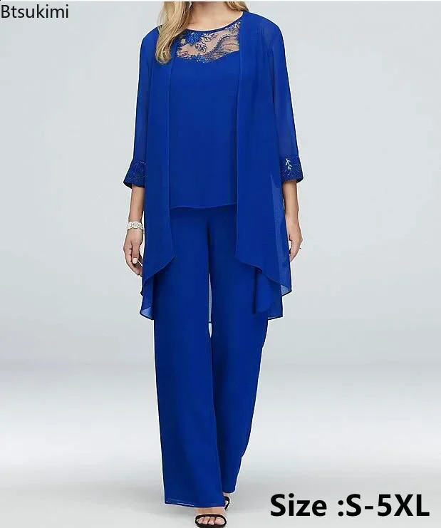 2024 Womens Elegant Pant Sets Formal Office Ladies Oversized Chiffon Lace Suits Straight Pant Cardigan Tops 3 Pieces Sets Woman 240819