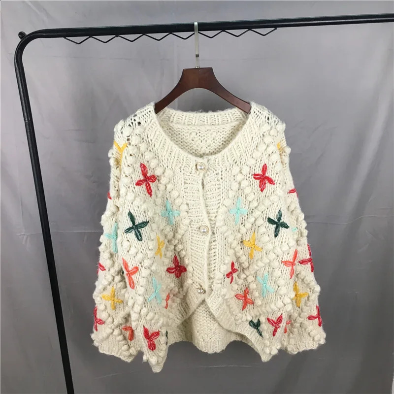 Crochet multicolor star knitted retro cardigan woolen sweater thick handmade jacket autumnwinter Auman clothing 240819