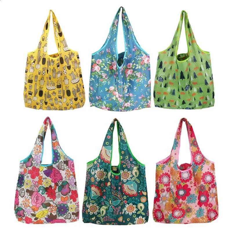 Womens Foldable Cat Flower Pattern Large Shopping Bag Washable Leopard Print Reusable Easy To Carry Capacity Handbags Pouch y240925