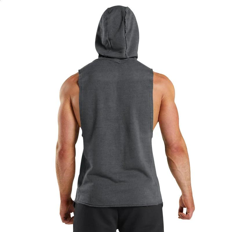 Tank Top Mens Solid Color Hooded Vest Sports Sleeveless shirt Quick dry Undershirt Gyms Running Fitness Training Clothing 240819