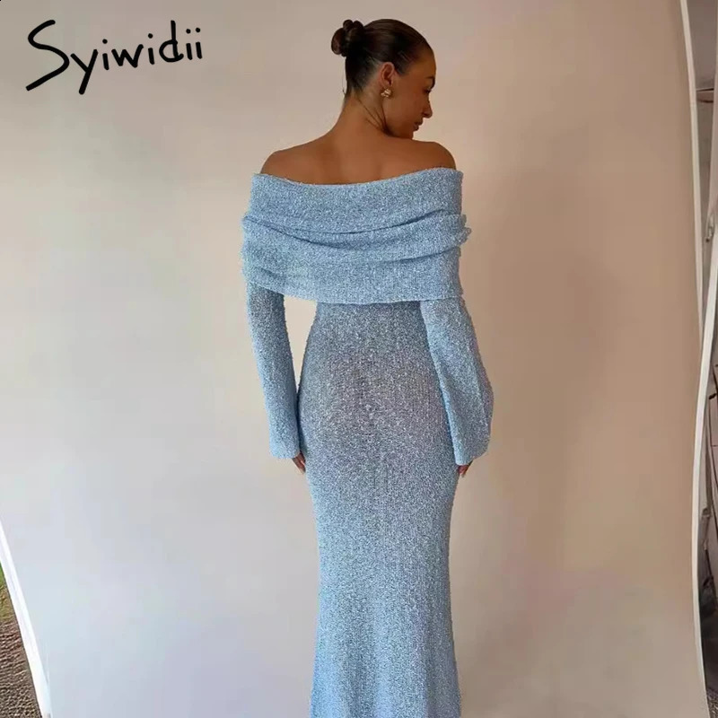 Syiwidii Elegant Knit Women Long Dress Off Shoulder Long Sleeve Sexy Hollow Out See Through Dresses Fashion Party Evening Dress 240819
