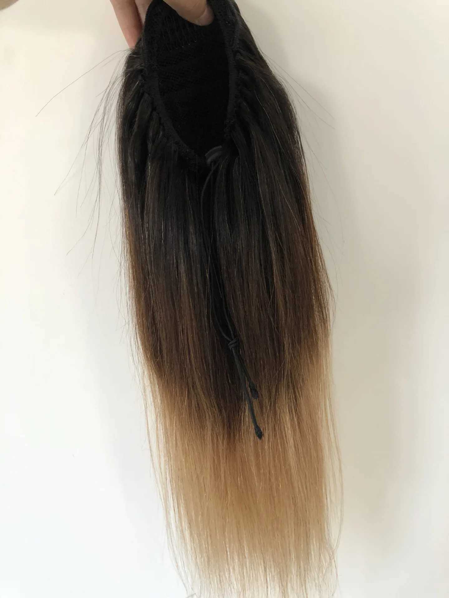 T1B 4 27 straight ponytail sandwiched between Remy human natural hair Peruvian blonde straight ponytail wrapped around ponytail W240817