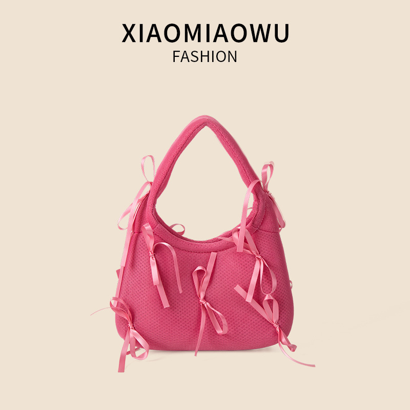 Ins fashion diamond grid bow niche design 2024 summer breathable mesh high-end hand-held women's bag