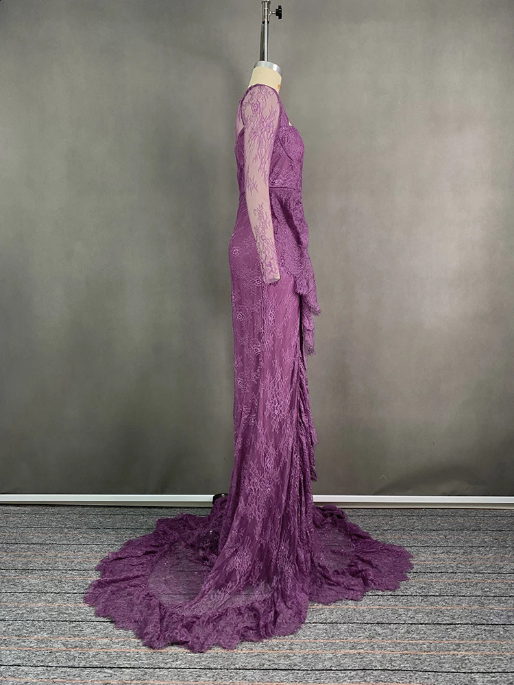 Yeezzi Wedding Dress Elegant Purple Lace Long Sleeve Ball Gowns Womans Formal Bride Party Evening Maxi Dresses Vestido 240819