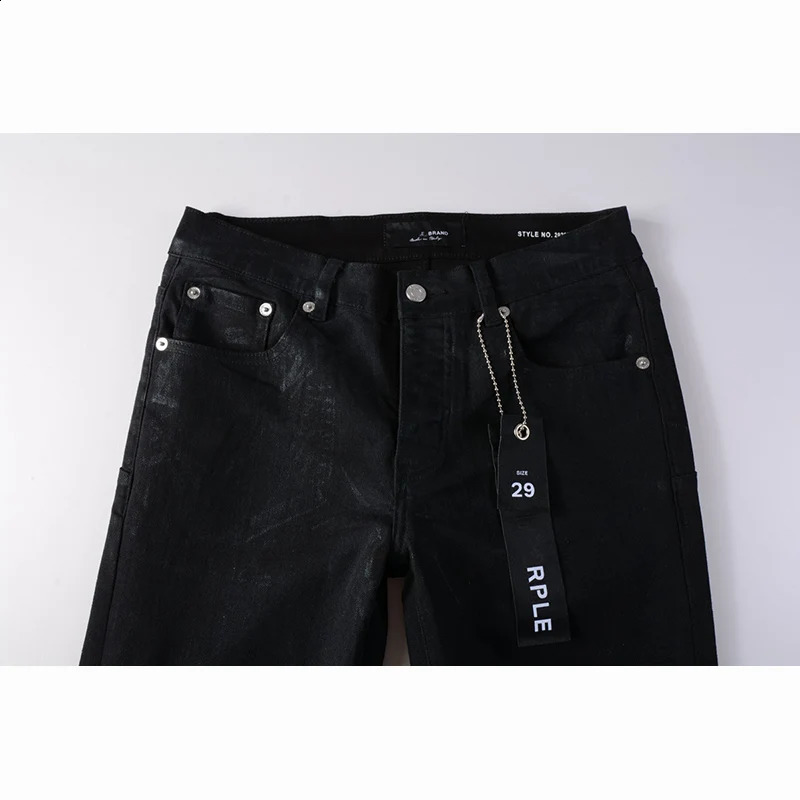 Summers Streetwear Stretch Skinny Button Fly Washed Black Ripped Jeans Pants Men 240819 - view 4