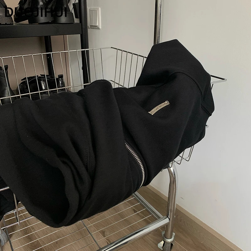 DUOJIHUI Black Chic Hooded Basic Loose Female Hoodies American Fashion Print Simple Casual Solid Color Long Sleeve Women Hoodies 240819