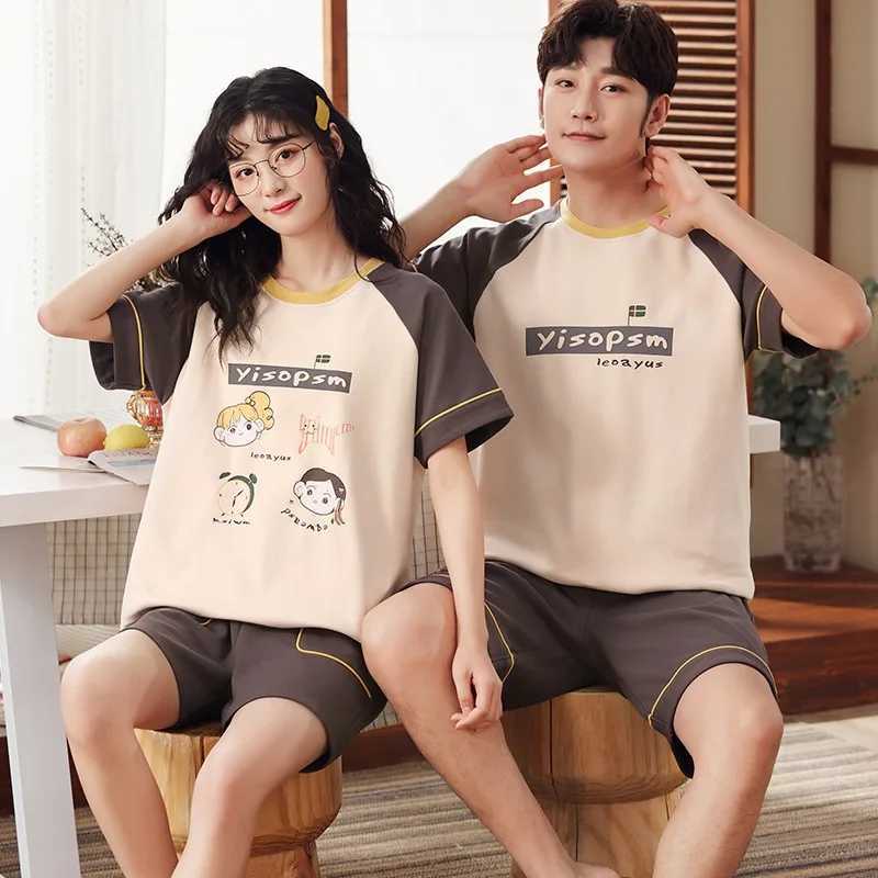 Short Sleep Top and Pants 2 pieces/set Summer Pajamas Mens Evening Dress Cotton Womens Wear Korean Couple Home Clothing Direct ShippingW240719