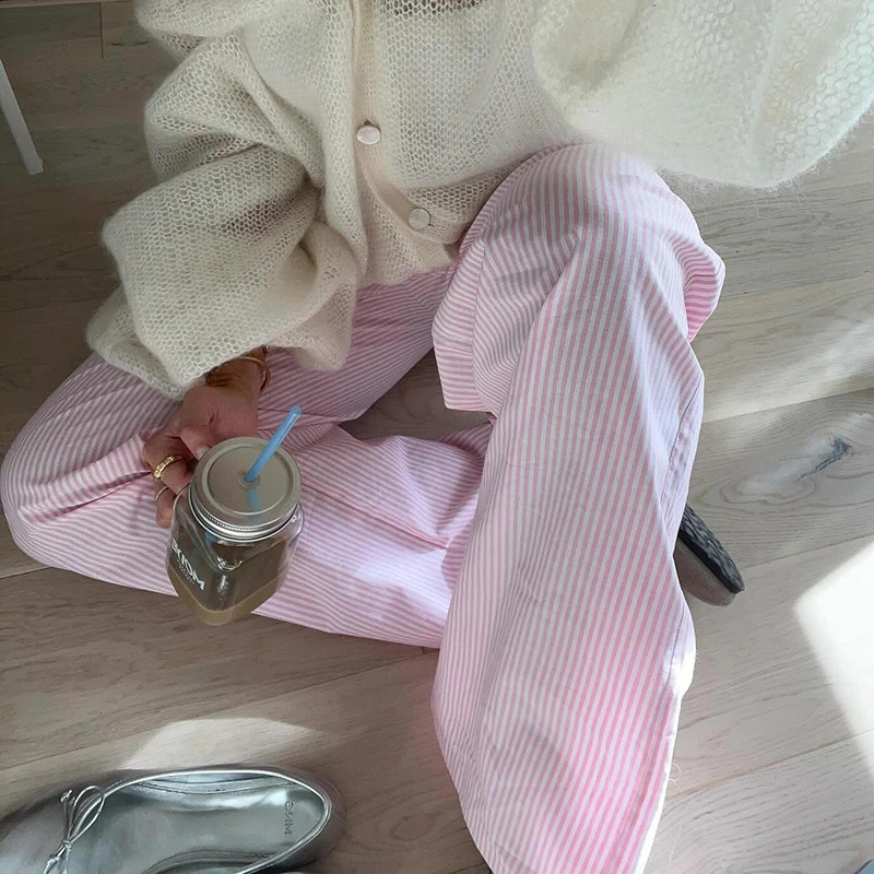 HEYounGIRL Autumn Thin Loose Fit Straight Pants Y2K Casual High Street Women Striped Sweatpants Fashion Elastic Waist Joggers 240820