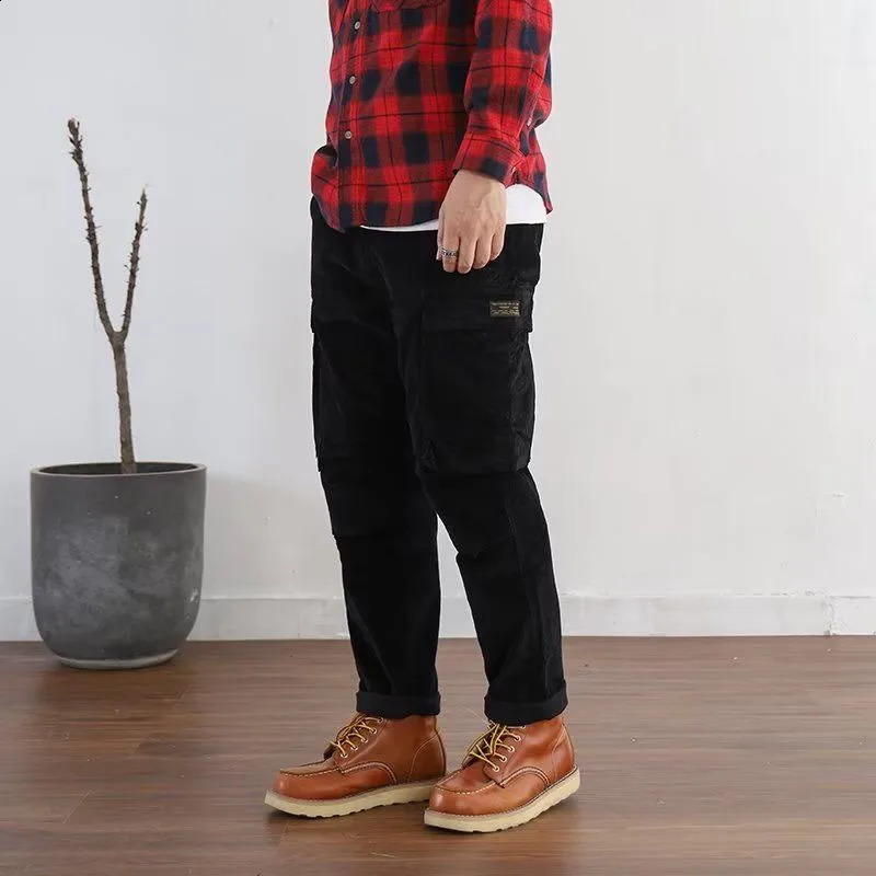 AutumnWinter Fashion American Vintage Corduroy Straight Barrel Multi Pocket Loose Versatile Handsome Mens Casual Pants 240819