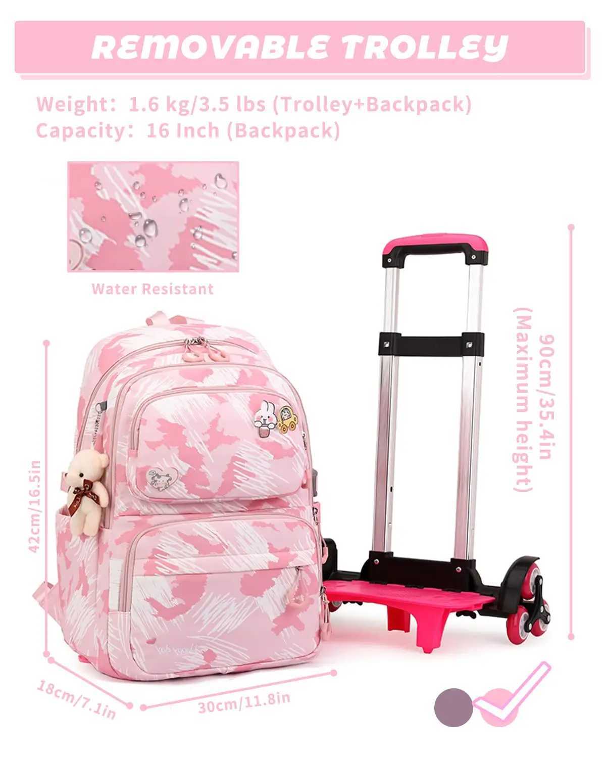 School Trolley Backpack Lightweight Wheeled Backpacks for Girls Kids Elementary School Backpack on Casters 16 Inch Y240820