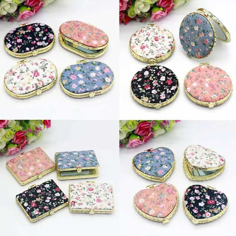 1Pc Mini Round Pocket Folding Makeup Mirror Vintage Double Sides Floral Printed Chinese Style Compact Cosmetic Drop Shipping Y240819