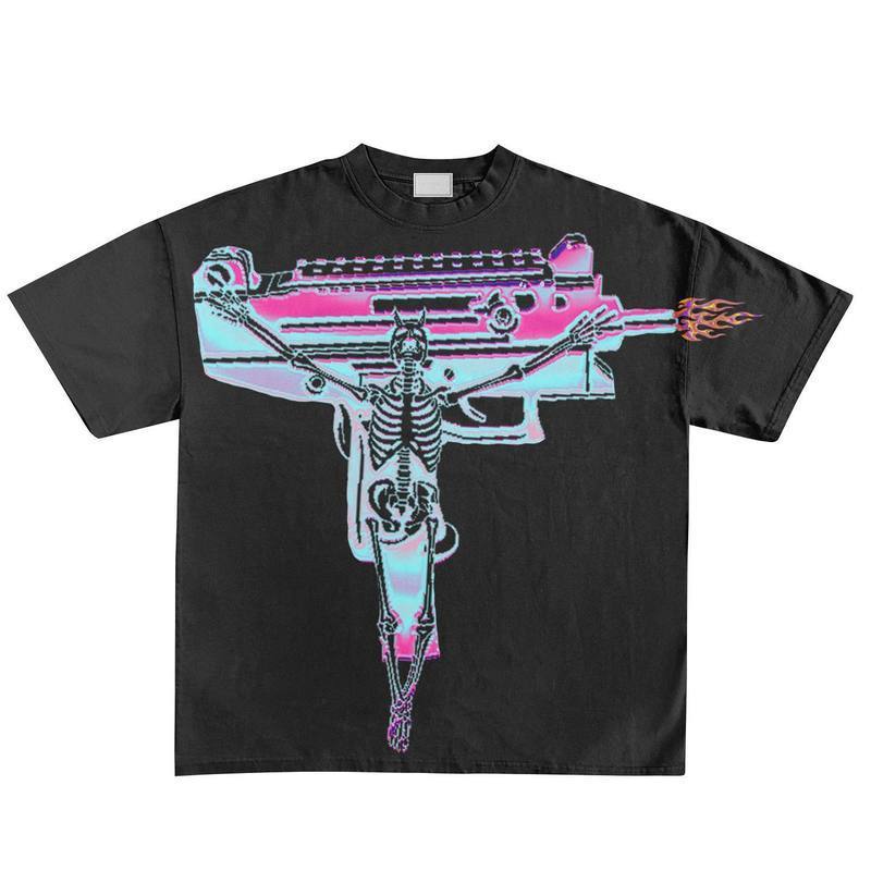 American Retro UZI skull Print T shirt Womens ins Loose Street men Dopamine Tops summer vintage gothic y2k clothes 240819